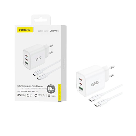 Foneng Charger GAN10 3 Ports USB+2 Type-C PD 65W GAN with Type-C to Type-C Cable White